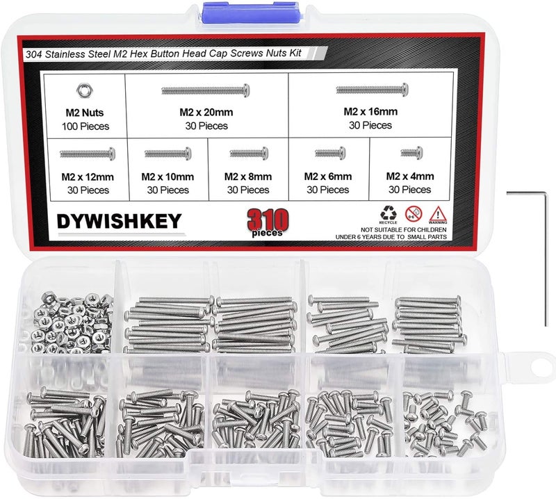 DYWISHKEY 310 Pieces M2 x 4mm/6mm/8mm/10mm/12mm/16mm/20mm, Stainless Steel 304 Hex Button Head Cap Bolts Screws Nuts Kit with Hex Wrench - Image 1